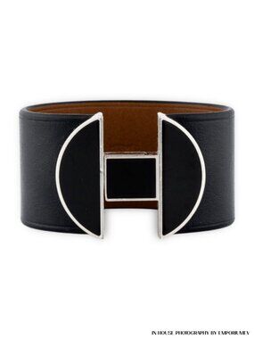 HERMES Tad Manchette Black Calfskin Leather Bracelet Size T3